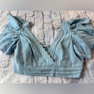 Large Blue Crop Top Blouse Short Sleeve Juniors Womens Clothes L Lace Sexy Cami